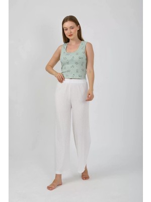 Beruflic Kadın Kalın Askılı Body Bol Paça Pantolon 2`li Takım Beyaz