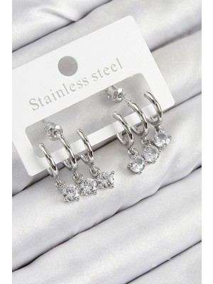 Shopwave Pirinç Sallantılı Zirkon Taşlı Model Gümüş Renk Kadın Küpe