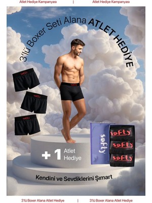 Softy 3'lü Pamuk Penye Erkek Boxer Seti – Premium Kutulu + Atlet Hediye- Siyah