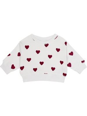 Antebies Organik Gots Sertifikalı Kırmızı Kalp Desenli Uzun Kollu Manşetli Kız Bebek Sweatshirt