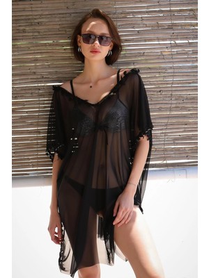 Beruflic Kadın Püsküllü Tunik Pareo Plaj Elbisesi Siyah