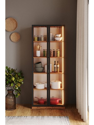 AVM Park Orea 2 Kapaklı Erzak Dolabı LED Işıklı Kiler Dolabı Temperli Camlı Çok Amaçlı Kitaplık Atlantik Çam