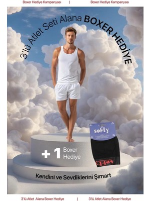 Softy 3’lü Erkek Pamuklu Atlet Seti - Boxer Hediyeli Xl
