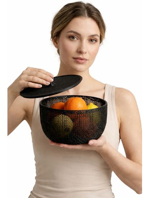 Yapı3D Kapaklı File Tasarım Meyvelik Sepeti Siyah | Sert Plastik Modern Mutfak Tezgah Üstü Meyve & Sebze Saklama Kabı | Dekoratif Organizer