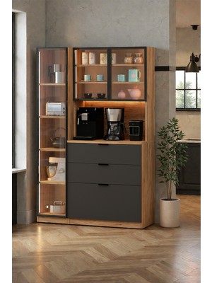 AVM Park Orea Kahve Köşesi +Temperli Cam Kapaklı Ledli Kahve Köşesi Kiler Dolabı Mutfak Tezgahı Airfry Dolabı Çok Amaçlı Dolap A.çam- Antrasit