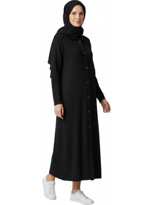 Çelik Örgü Önü Düğmeli Yaka ve Kolağzı Kürklü Uzun Triko Hırka