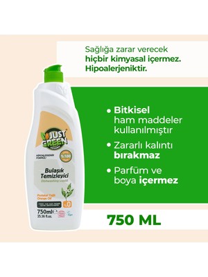 Just Green Organic Bitkisel Elde Bulaşık Deterjanı Portakal Yağlı - %100 Doğal Ve Ferah Temizlik (750 ML) Yerli Üretim