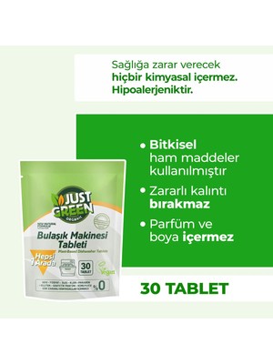 Just Green Organic Bitkisel Bulaşık Makinesi Tableti - %100 Bitkisel - Doğal Ve Güçlü Temizlik (30 TABLET) Yerli Üretim
