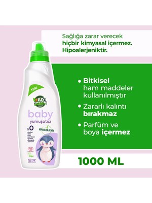 Just Green Organic Baby Çamaşır Yumuşatıcı - Bebekler için %100 Doğal Ve Hassas Yumuşaklık (1000 ML) Yerli Üretim