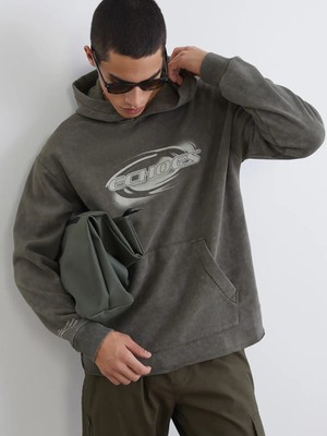 LC Waikiki Haki Baskılı Erkek Kalın Hoodie