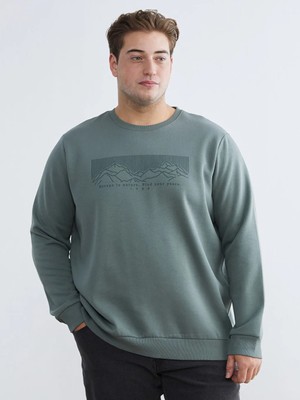 LC Waikiki Yeşil Büyük Beden Bisiklet Yaka Baskılı Erkek Kalın Sweatshirt