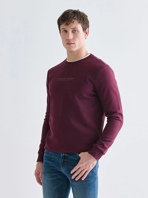 LC Waikiki Bordo Bisiklet Yaka Baskılı Erkek Kalın Sweatshirt