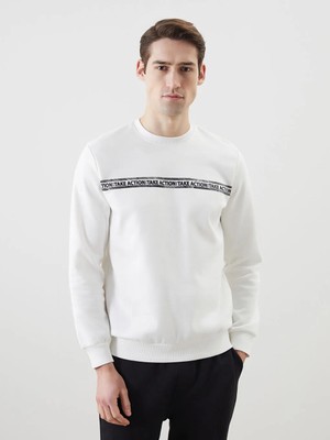 LC Waikiki Ekru Bisiklet Yaka Baskılı Erkek Kalın Sweatshirt