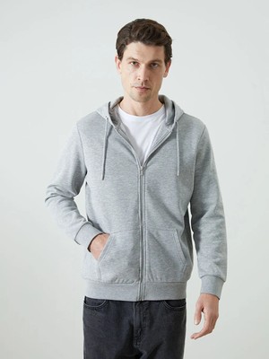 LC Waikiki Gri Kapüşonlu Uzun Kollu Erkek Fermuarlı Sweatshirt