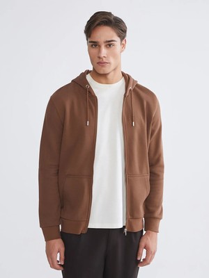 LC Waikiki Kahverengi Kapüşonlu Uzun Kollu Erkek Fermuarlı Sweatshirt