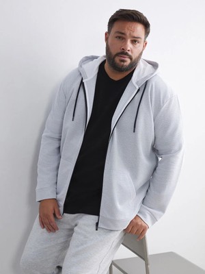 LC Waikiki Gri Büyük Beden Basic Kapüşonlu Erkek Fermuarlı Sweatshirt