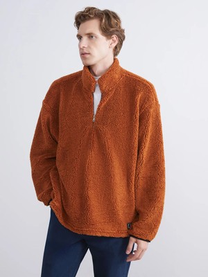 LC Waikiki Kahverengi Dik Yaka Uzun Kollu Pelüş Erkek Sweatshirt