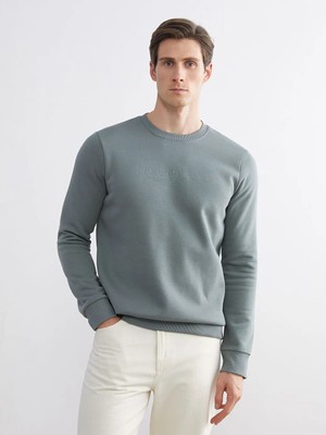 LC Waikiki Yeşil Standart Kalıp Bisiklet Yaka Baskılı Erkek Kalın Sweatshirt