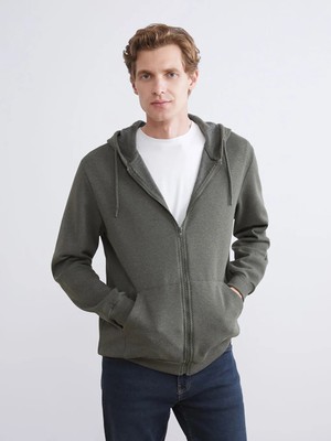 LC Waikiki Haki Kapüşonlu Uzun Kollu Erkek Fermuarlı Sweatshirt