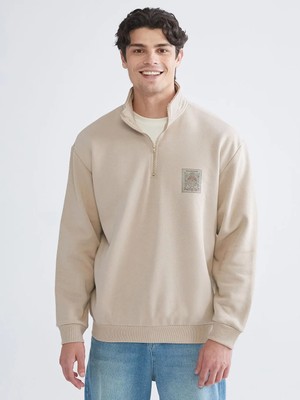 LC Waikiki Bej Fermuarlı Dik Yaka Uzun Kollu Erkek Sweatshirt