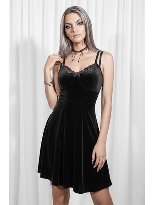 Köstebek Siyah Dantel Yaka Fiyonklu Gotik Kadife Elbise