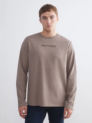 LC Waikiki Bej Bisiklet Yaka Baskılı Erkek Sweatshirt