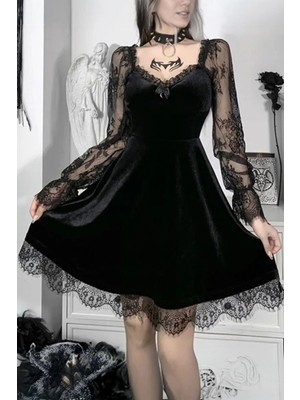 Köstebek Siyah Vintage Gotik Dantel Kollu Fiyonklu Kadife Elbise