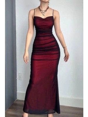 Köstebek Bordo Gotik Askılı Vampirecore Tül Uzun Elbise