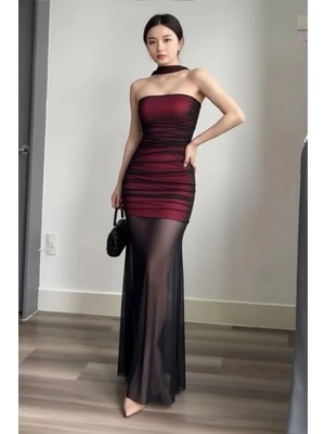 Köstebek Bordo Gotik Transparan Tül Uzun Elbise