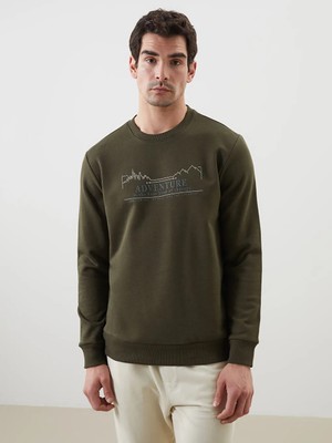 LC Waikiki Haki Bisiklet Yaka Baskılı Erkek Kalın Sweatshirt