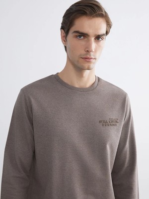 LC Waikiki Kahverengi Bisiklet Yaka Baskılı Erkek Sweatshirt