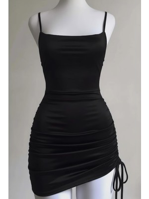 Köstebek Siyah Büzgülü Sırt Ipli & Dekolteli Askılı Gotik Dalgıç Kumaş Grunge Y2K Elbise