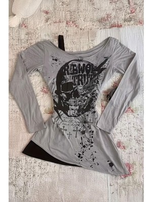 Köstebek Gri Renol Trut Askılı Ekli Y2K Uzun Kollu Crop