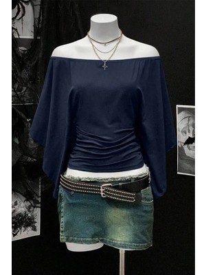 Köstebek Lacivert Madonna Yaka Yarasa Kol Düz Y2K Uzun Kollu Crop