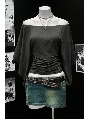 Köstebek Siyah Madonna Yaka Yarasa Kol Düz Y2K Uzun Kollu Crop