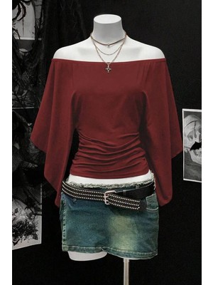 Köstebek Bordo Madonna Yaka Yarasa Kol Düz Y2K Uzun Kollu Crop