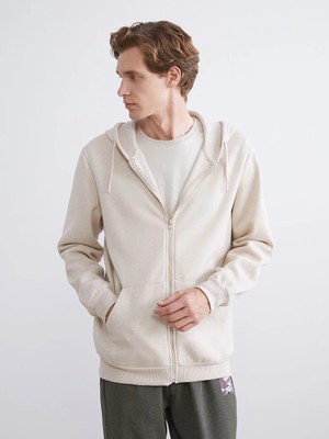 LC Waikiki Bej Kapüşonlu Uzun Kollu Erkek Fermuarlı Sweatshirt