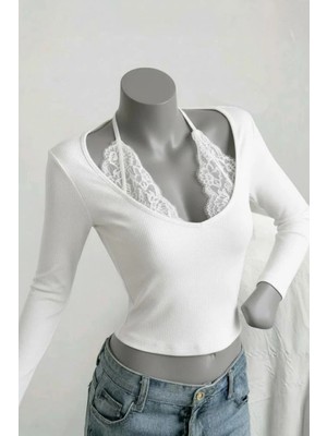 Köstebek Beyaz Bağlamalı Dantelli Ekli Gotik Y2K Uzun Kollu Crop