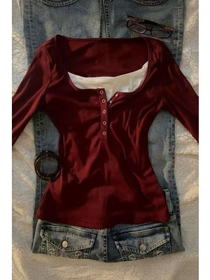 Köstebek Bordo Henley Yaka Ekli Grunge Y2K Uzun Kollu Crop