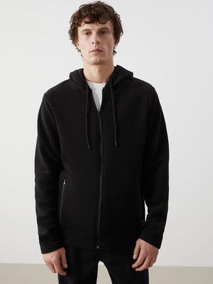 LC Waikiki Siyah Kapüşonlu Uzun Kollu Polar Erkek Fermuarlı Sweatshirt
