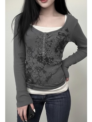 Köstebek Füme Gotik Flower Ekli Düğmeli Grunge Y2K Uzun Kollu Crop