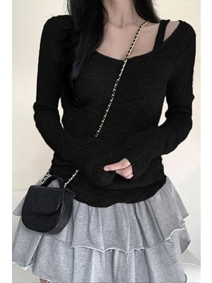 Köstebek Siyah Ek Askılı Madonna Yaka Grunge Y2K Uzun Kollu Crop