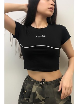 Köstebek Siyah Şerit Detay Rokbb Kob Y2K Kısa Kollu Crop