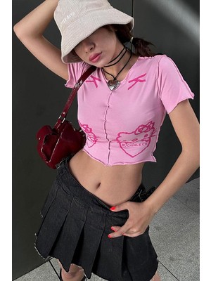 Köstebek Pembe Hello Kitty - Ruchinleck Grunge Y2K Kısa Kollu Crop