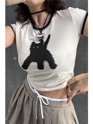 Köstebek Ekru Black Cat Y2K Kısa Kollu Crop