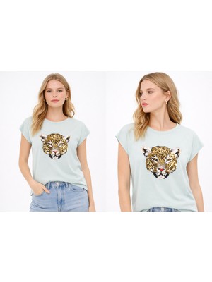 Erline Leopar Payetli Kadın T-Shirt