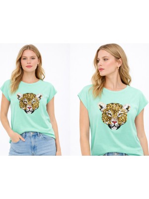 Erline Leopar Payetli Kadın T-Shirt