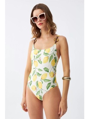 Nemere Kadın Limon Desenli Aksesuar Askılı Tek Parça Mayo – Ekru