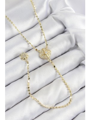 Shopwave Pirinç Zirkon Taşlı Ezme Zincirli Madalyon Model Gold Renk Y Kolye