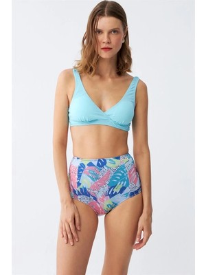 Nemere Kadın Pedli Üst Tropik Desenli Yüksek Bel Bikini Takımı - Buz Mavisi